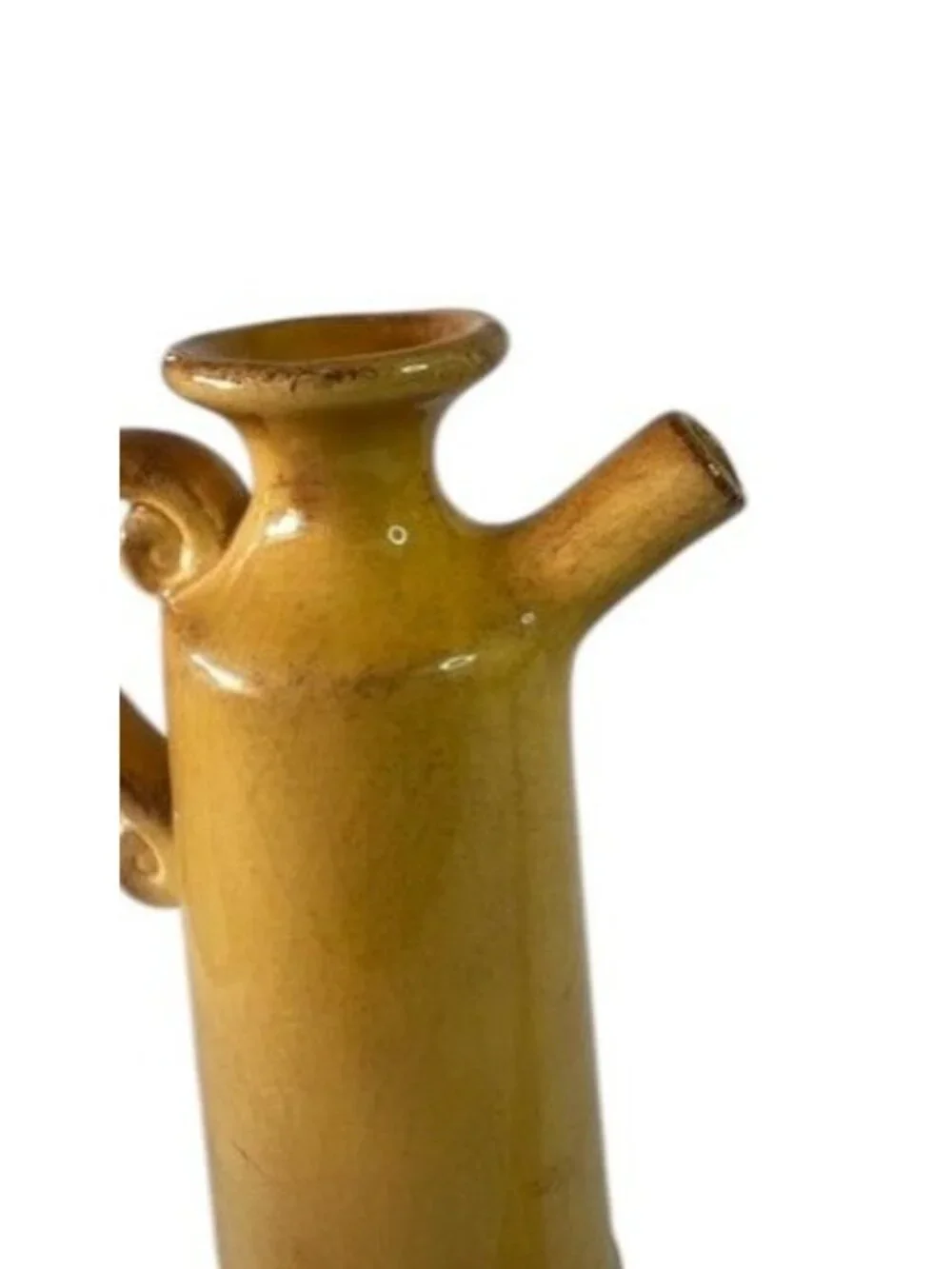 Pier 1 Imports rustic olive oil cruet, yellow with antiquing, ceramic earthenwar